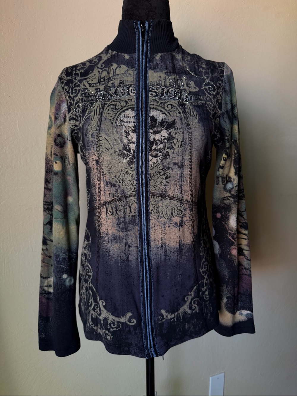 Y2K alt rhinestone sweater zip front stand up neck lorelai gilmore medium